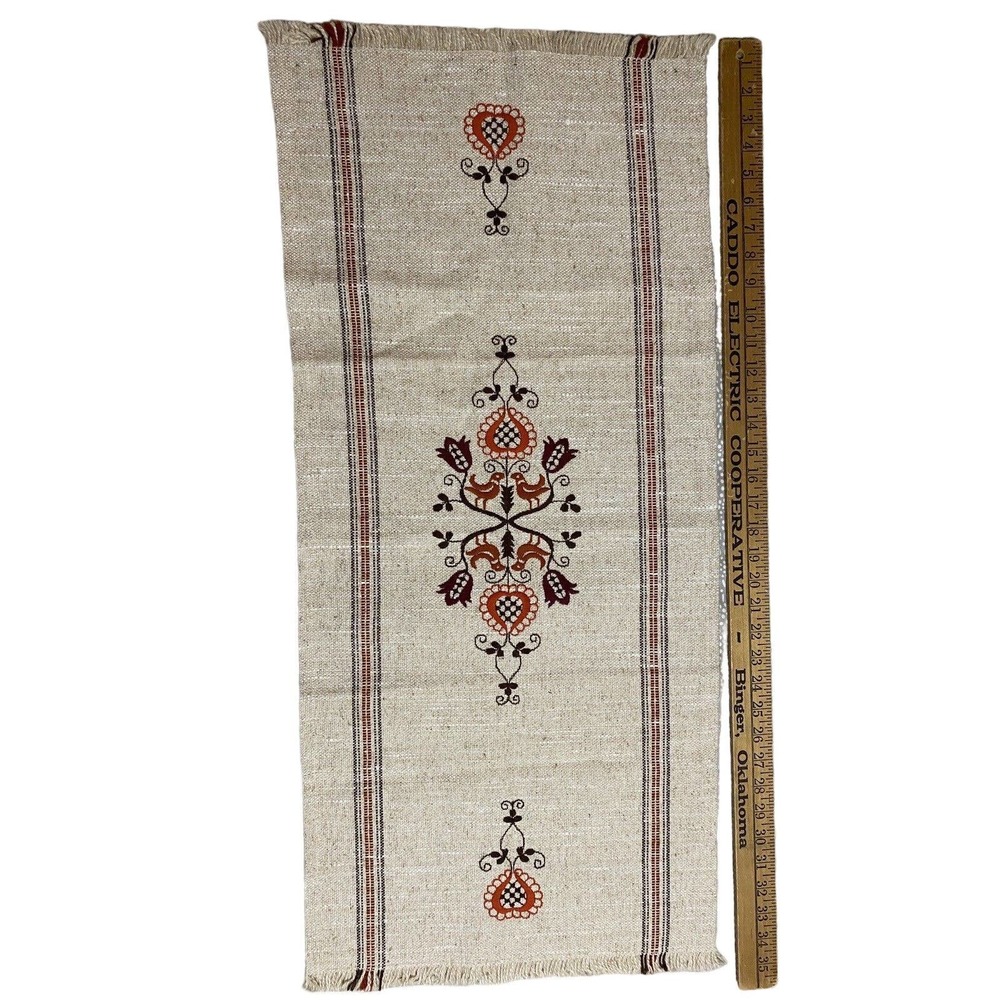 Folk European Table Runner 35"x16" Wool? Fall Autumn Thanksgiving Vtg Cottage